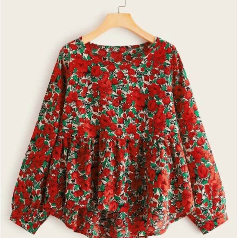 Red Floral Puff Sleeve Peplum Blouse